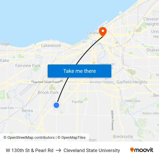 W 130th St & Pearl Rd to Cleveland State University map