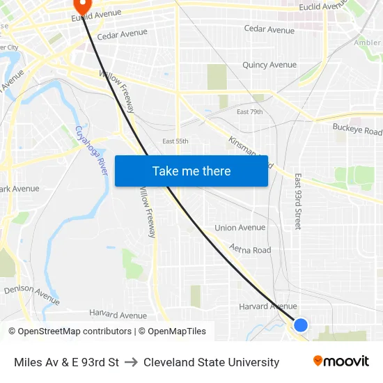 Miles Av & E 93rd St to Cleveland State University map