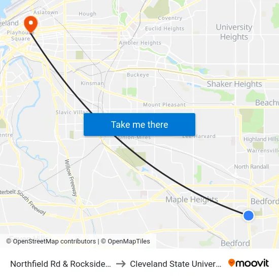Northfield Rd & Rockside Rd to Cleveland State University map