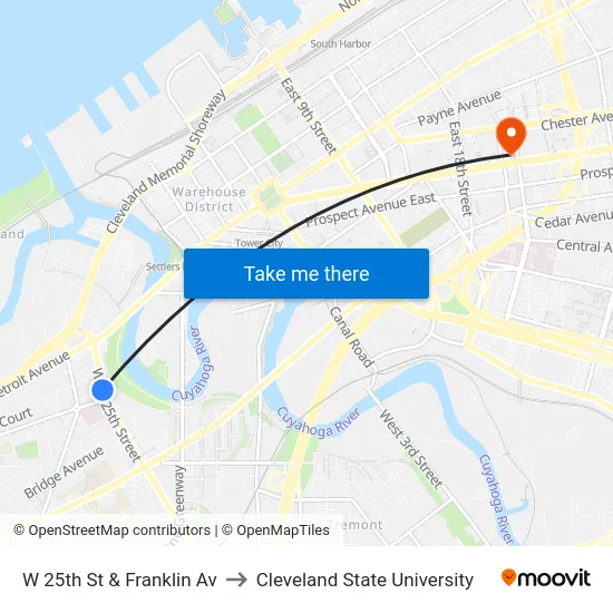 W 25th St & Franklin Av to Cleveland State University map