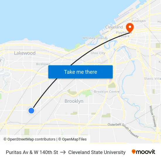 Puritas Av & W 140th St to Cleveland State University map