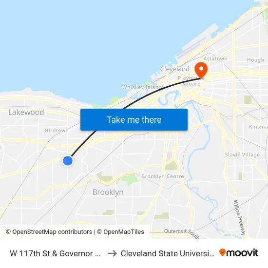 W 117th St & Governor Av to Cleveland State University map