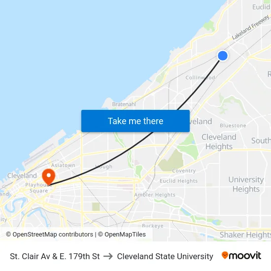 St. Clair Av & E. 179th St to Cleveland State University map