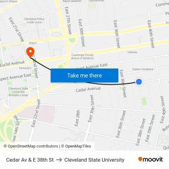 Cedar Av & E 38th St to Cleveland State University map
