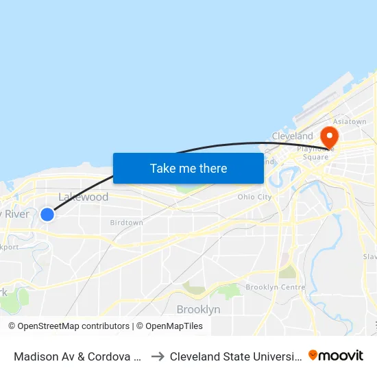 Madison Av & Cordova Av to Cleveland State University map
