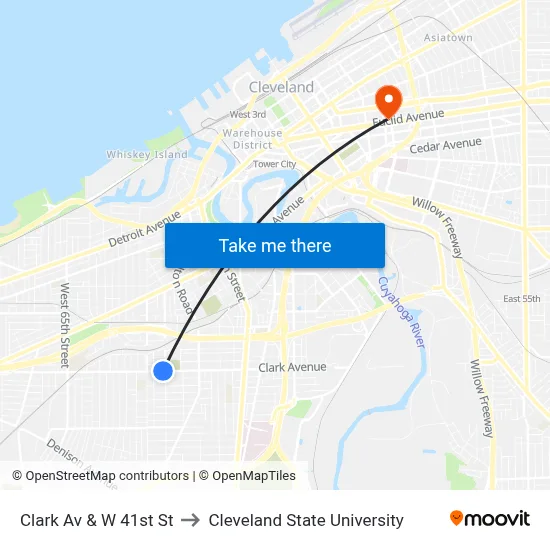 Clark Av & W 41st St to Cleveland State University map