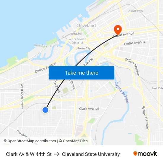 Clark Av & W 44th St to Cleveland State University map