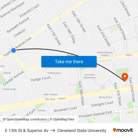 E 13th St & Superior Av to Cleveland State University map