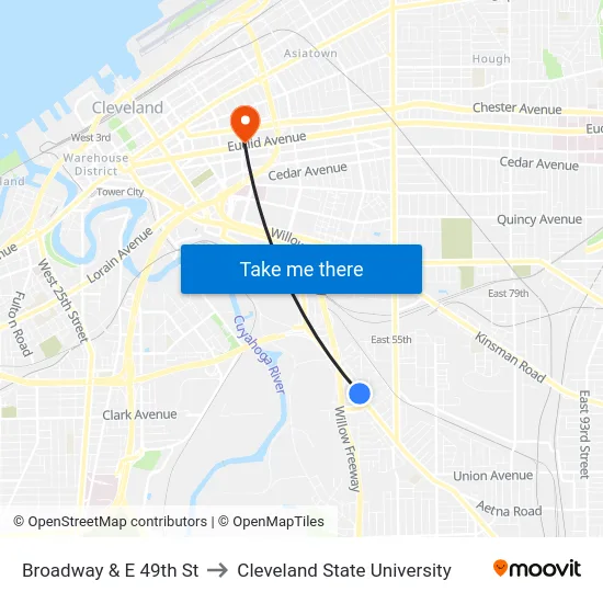 Broadway & E 49th St to Cleveland State University map