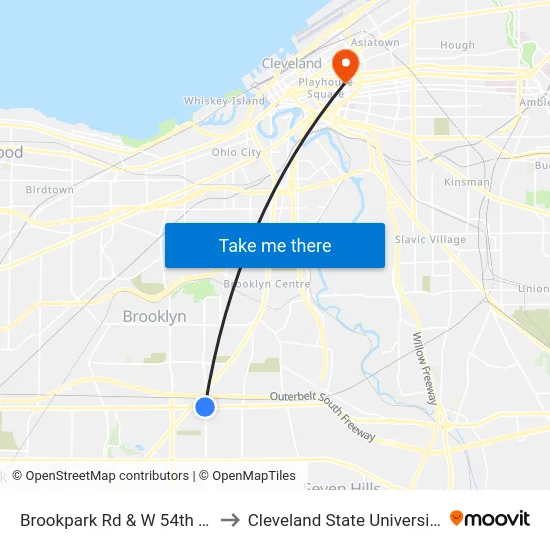 Brookpark Rd & W 54th St to Cleveland State University map