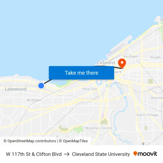 W 117th St & Clifton Blvd to Cleveland State University map