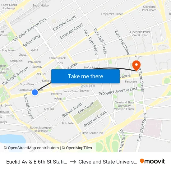 Euclid Av & E 6th St Station to Cleveland State University map
