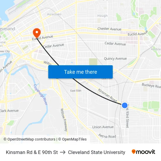 Kinsman Rd & E 90th St to Cleveland State University map