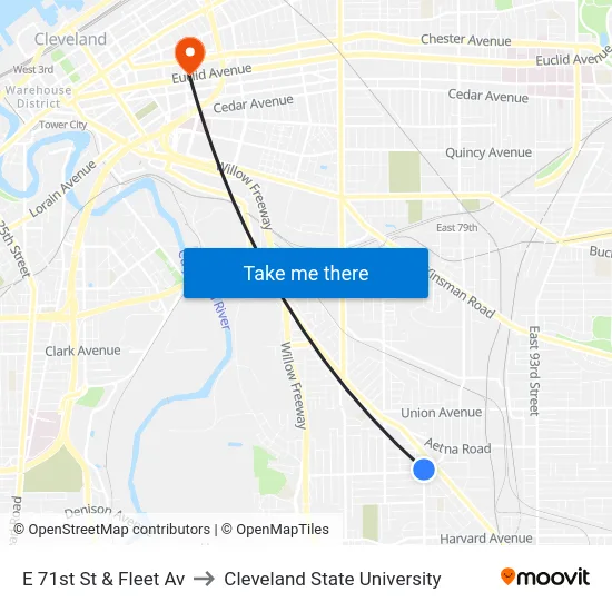 E 71st St & Fleet Av to Cleveland State University map
