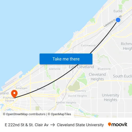 E 222nd St & St. Clair Av to Cleveland State University map