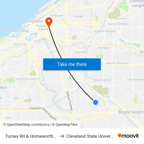 Turney Rd & Homeworth Av to Cleveland State University map