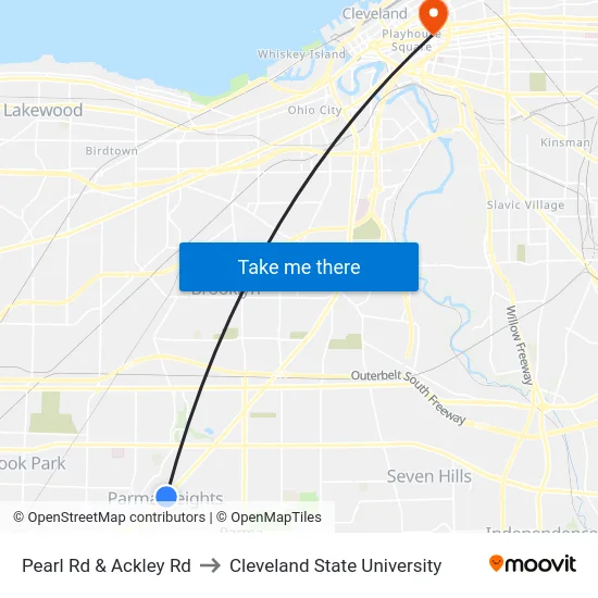 Pearl Rd & Ackley Rd to Cleveland State University map