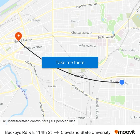 Buckeye Rd & E 114th St to Cleveland State University map