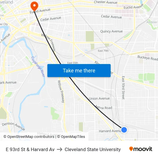 E 93rd St & Harvard Av to Cleveland State University map