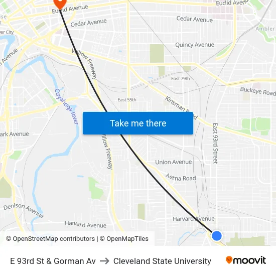 E 93rd St & Gorman Av to Cleveland State University map