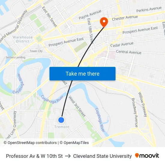 Professor Av & W 10th St to Cleveland State University map