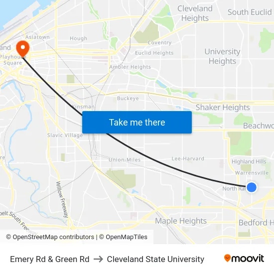 Emery Rd & Green Rd to Cleveland State University map