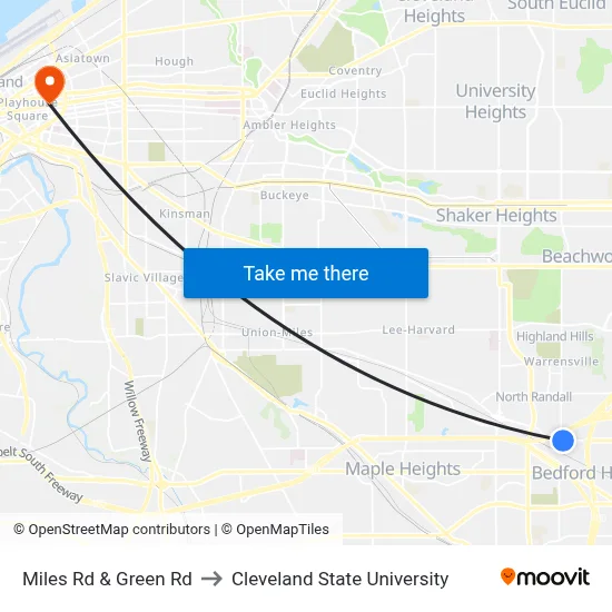 Miles Rd & Green Rd to Cleveland State University map