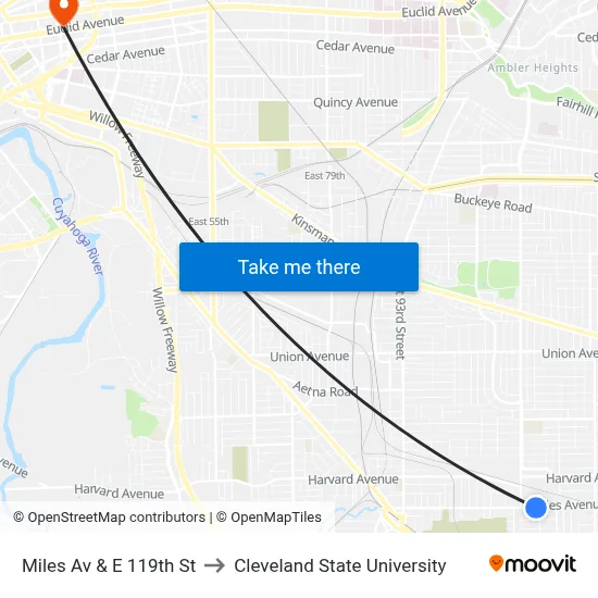 Miles Av & E 119th St to Cleveland State University map