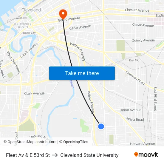Fleet Av & E 53rd St to Cleveland State University map