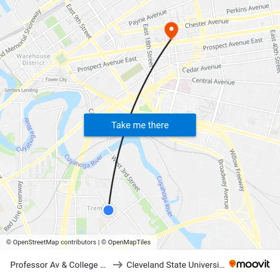 Professor Av & College Av to Cleveland State University map