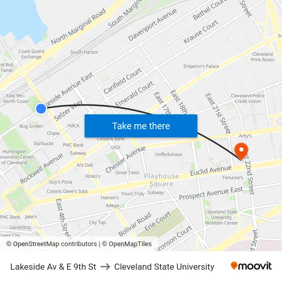 Lakeside Av & E 9th St to Cleveland State University map