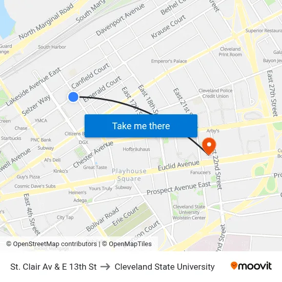 St. Clair Av & E 13th St to Cleveland State University map
