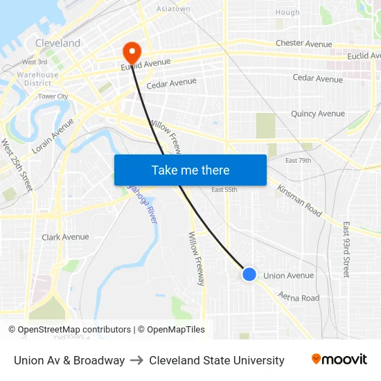 Union Av & Broadway to Cleveland State University map