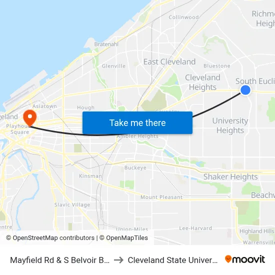 Mayfield Rd & S Belvoir Blvd to Cleveland State University map