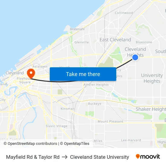 Mayfield Rd & Taylor Rd to Cleveland State University map
