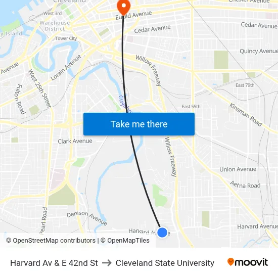 Harvard Av & E 42nd St to Cleveland State University map