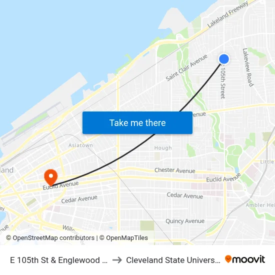 E 105th St & Englewood Av to Cleveland State University map