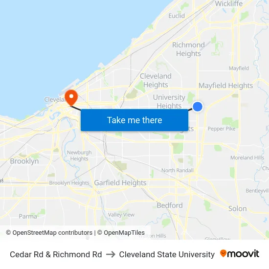Cedar Rd & Richmond Rd to Cleveland State University map
