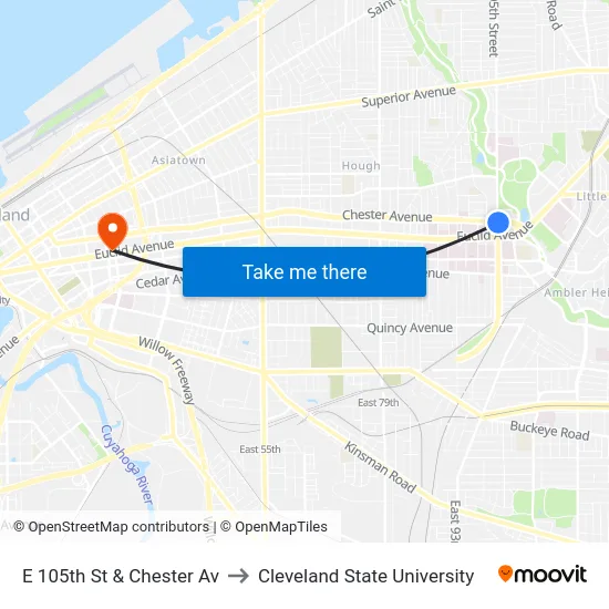 E 105th St & Chester Av to Cleveland State University map