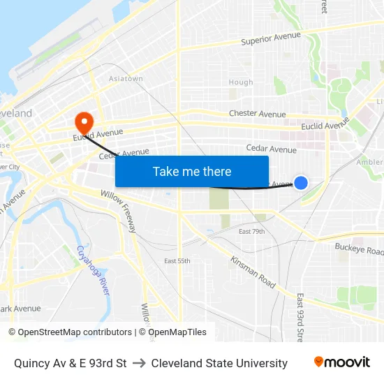 Quincy Av & E 93rd St to Cleveland State University map