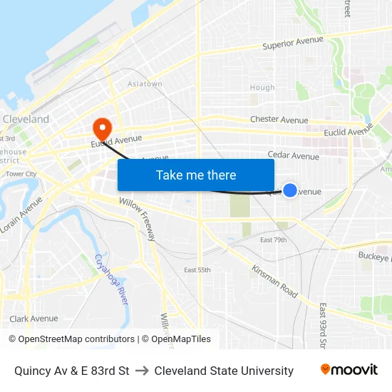 Quincy Av & E 83rd St to Cleveland State University map