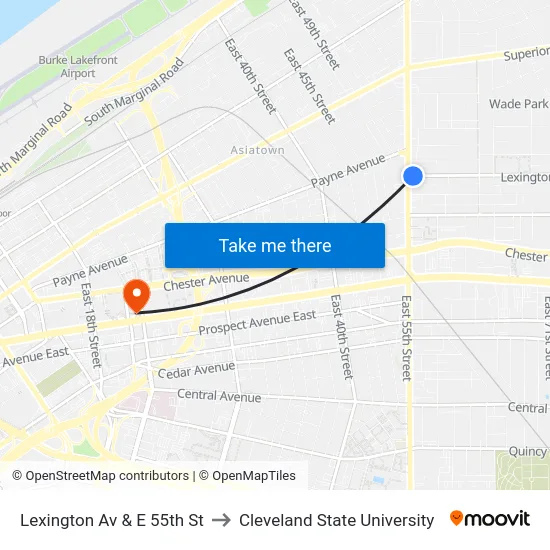 Lexington Av & E 55th St to Cleveland State University map