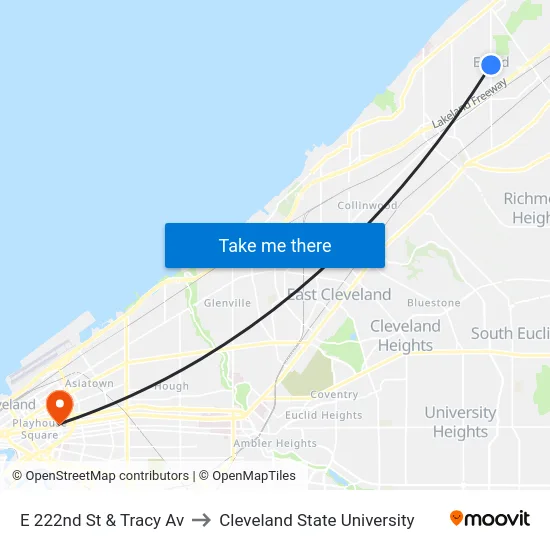 E 222nd St & Tracy Av to Cleveland State University map