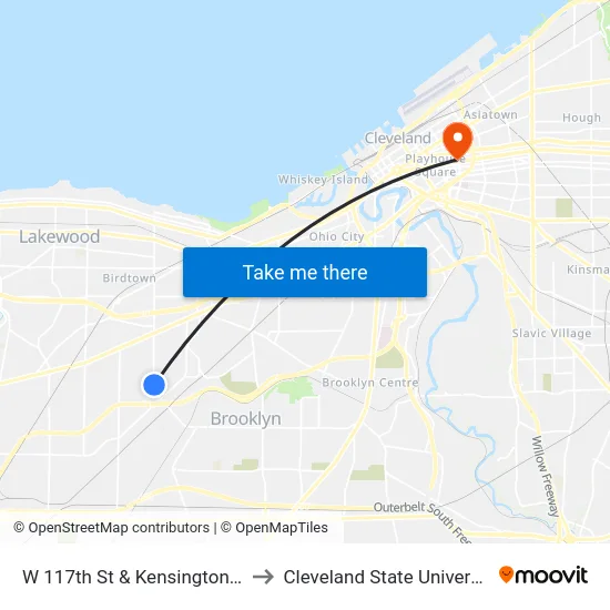 W 117th St & Kensington Av to Cleveland State University map