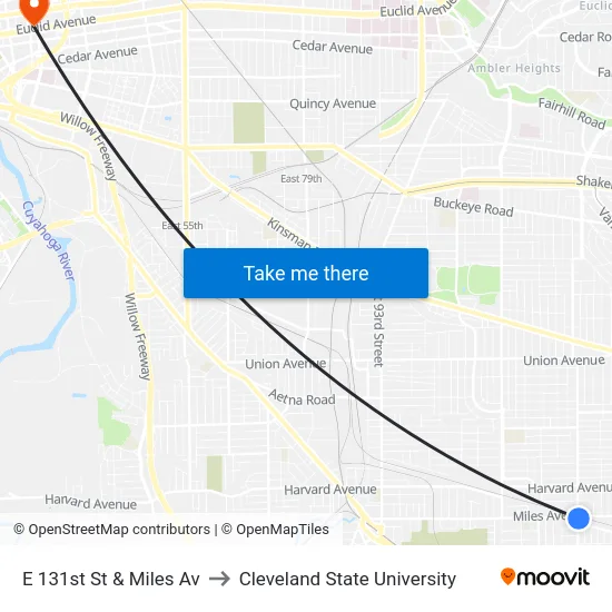 E 131st St & Miles Av to Cleveland State University map