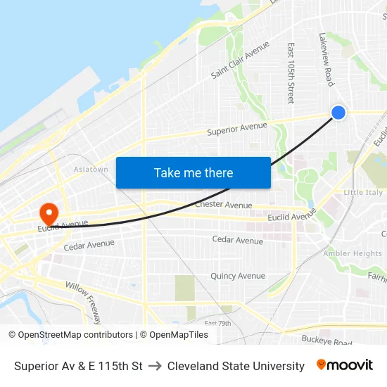 Superior Av & E 115th St to Cleveland State University map
