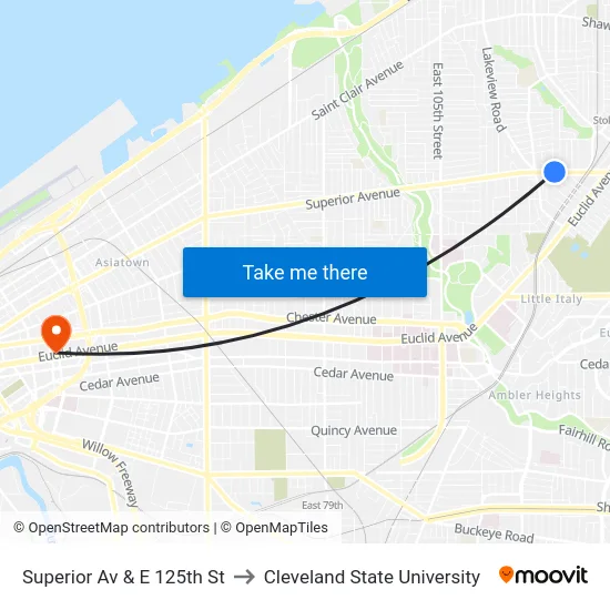 Superior Av & E 125th St to Cleveland State University map
