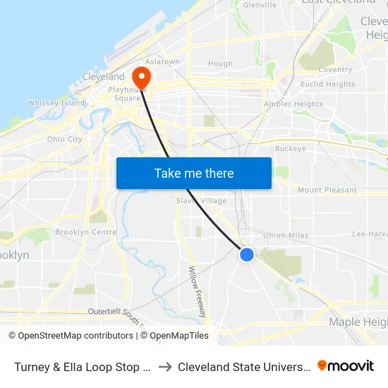 Turney & Ella Loop Stop #1 to Cleveland State University map