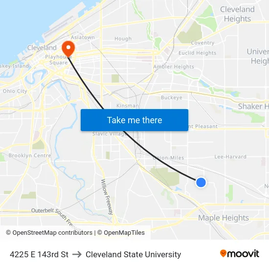 4225 E 143rd St to Cleveland State University map