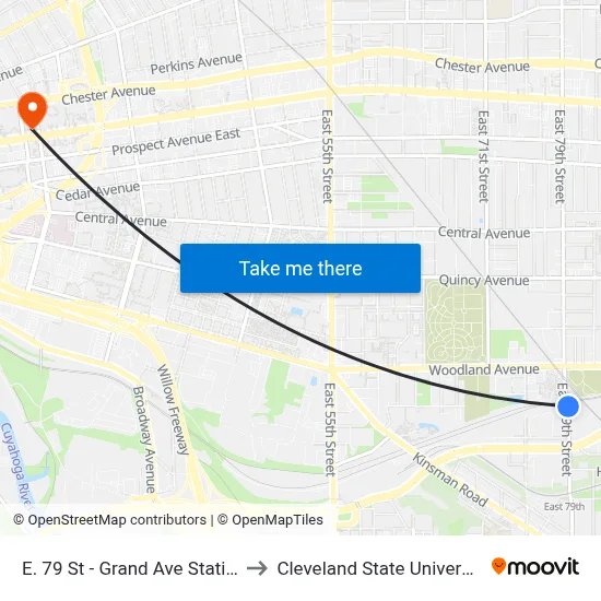 E. 79 St - Grand Ave Station to Cleveland State University map